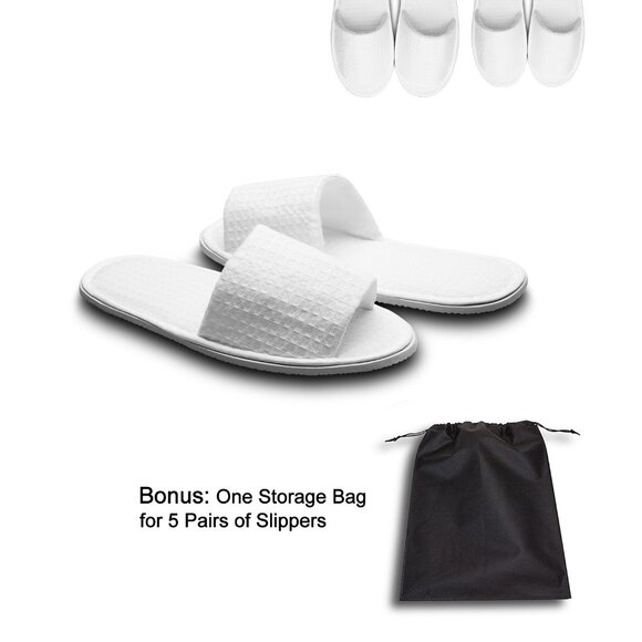5 Pairs of Waffle Open Toe White Slippers-Two Size Fit Most Men and Women for Sp - Picture 2 of 7